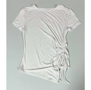 White Solid Crewneck Ruched Short Sleeve Shirt Top Blouse Tee Size S 🤍 thumbnail 2