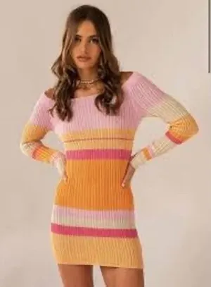 Peppermayo Sunset Striped Ribbed Knit Off Shoulder Mini Dress Pink Orange S/M thumbnail 1