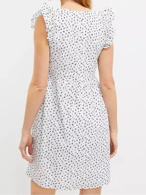 LOFT NWT White Mini Dress with Black Floral Print size 6 v-neck, ruffle sleeves thumbnail 2