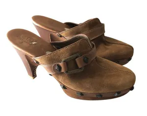 Cole Haan Studded Brown Suede Mules Buckle Wooden Block Heel 7.5 thumbnail 1