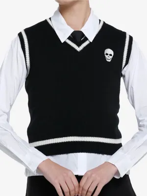 Hot Topic Women's Black/White Solid Knit V-Neck Skull Embroidered Sweater Vest L thumbnail 1