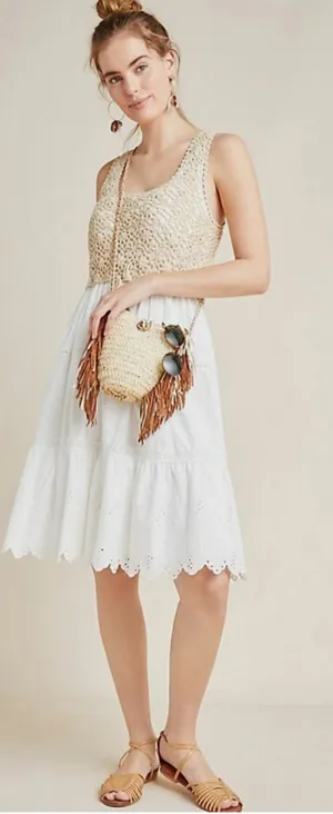 ANTHROPOLOGIE Beckett Crochet Beige Sleeveless Eyelet Midi Dress thumbnail 1