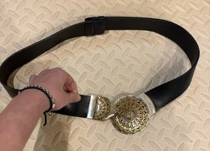 Chico’s leather adjustable belt gold silver metal buckle sz S/M black thumbnail 1