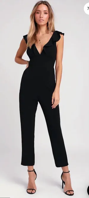 Lulus Black Leilani Ruffled Jumpsuit V-Neck Tapered Leg Size Large Party thumbnail 1