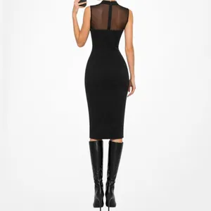 Vintage Y2K Black Sleeveless Bow Tie Knee Length Mesh Bodycon Cocktail Dress M thumbnail 3