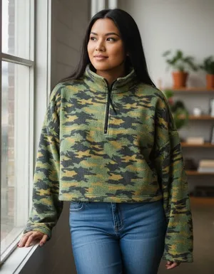 Urban Outfitters Cropped 1/4 Zip Fleece Pullover Womens Jacket Size Small Camo thumbnail 1