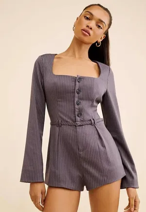 Free People Grey Paloma Long Sleeve Romper Grey Striped XS thumbnail 1