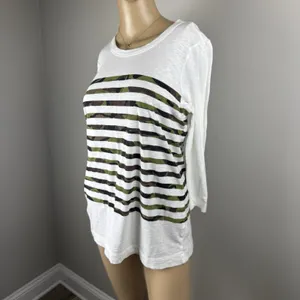 Gap Women's Medium 3/4 Sleeve White Camo Striped Shirt‎ 100% Cotton thumbnail 3