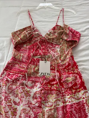 Zara Red Paisley Strapless Maxi Dress with Front Slit size S thumbnail 5