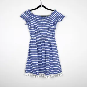 Eliza J Women Blue White Stripe Off The Shoulder Tassel Dress 6‎ thumbnail 3