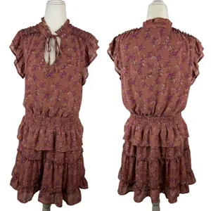 Entro Mauve Floral Smocked Mini Dress Tiered Cottage Boho Romantic Feminine thumbnail 2