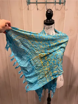 Source Unknown Cute Y2K aqua celestial batik 90s fringe oversized scarf wrap shawl festival thumbnail 8