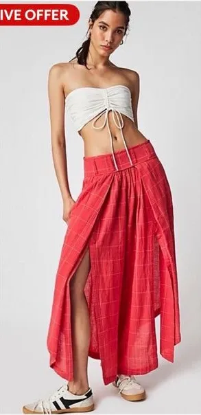 Free People Lunar Cove Wide-Leg Pants Red Combo Sz small Boho Plaid thumbnail 1