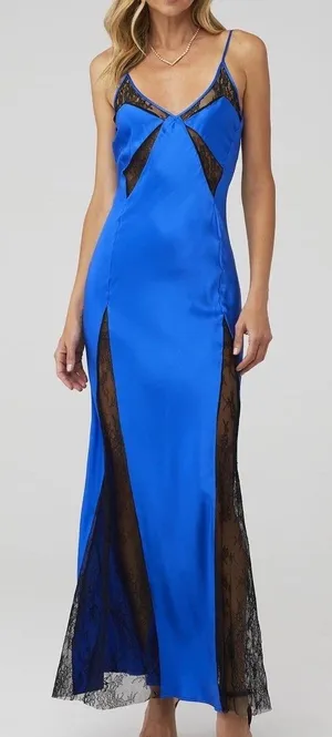 Delfi Collective Alexis Dress Size Small‎ Blue Satin Black Lace Panels Slip Maxi thumbnail 1