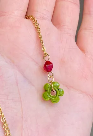 Handmade artisan chunky mini flower glass beads & red Czech glass beads cute fairy cottage chic necklace 💐🩵 thumbnail 3