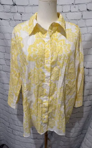 D & Co. QVC Women’s Blouse Size Large Yellow Floral Button Up 3/4 Sleeve Top thumbnail 1