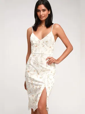 Starleena Cream and Taupe Floral Embroidered Bodycon Midi Dress Size Small NWT thumbnail 4