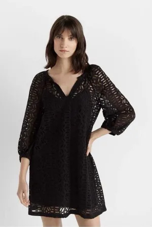 CLUB MONACO Dress Black V Neck Eyelet Balloon Sleeve Peasant Size Small‎ thumbnail 1