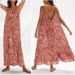 Anthropologie Low Back Flounced Maxi Lounge Dress‎ Size Large Rust Brown Floral thumbnail 2
