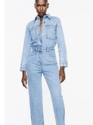 NWT ZARA Light Wash Denim Jumpsuit Boiler Long Sleeve Button Front S 0108/236 S thumbnail 3