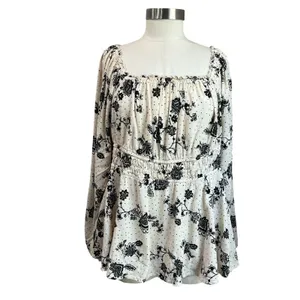 Torrid Peasant‎ Blouse Size 2 Smocked Waist Long Sleeve Floral Black White thumbnail 2