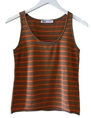 Zara Womens Brown Orange Viscose Stripes Knit Layering Tank Top SZ M # 1168 thumbnail 1