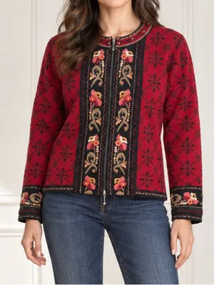Icelandic Design Wool Cardigan Sweater M Red Nordic Embroidered Floral Full Zip thumbnail 1