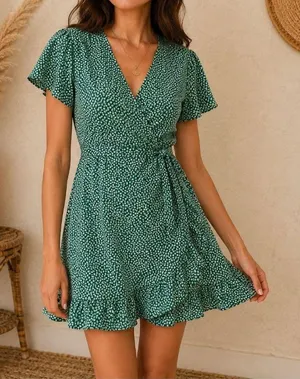 Abercrombie & Fitch Green Floral Wrap Dress Cottagecore Mini Ruffle Hem Sz M thumbnail 1