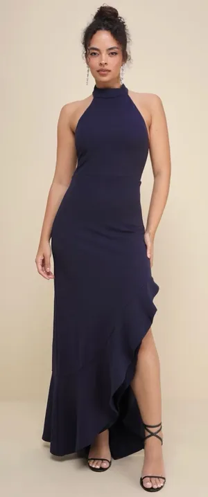 Lulus Women’s Majestic Perfection Navy Ruffled Halter Maxi Dress Size XL NWT thumbnail 1