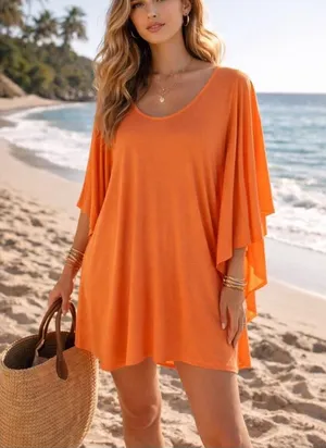 Free People Beach Orange Swim Cover-Up‎ Dress Flowy Batwing Size Medium thumbnail 1