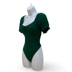 SHEIN Frilled Puff Sleeve Ruched Bust Rib-knit Bodysuit thumbnail 2