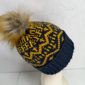 Ariat Beanie Fair Isle Fleece Lined Faux Fur Pom Knit Navy Yellow Warm Outdoor thumbnail 6