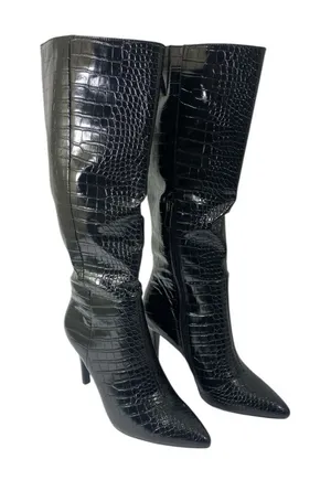 Modatope Black Faux Croc Knee High Boots Edgy Stiletto Heel Pointed Toe Size 6.5 thumbnail 1
