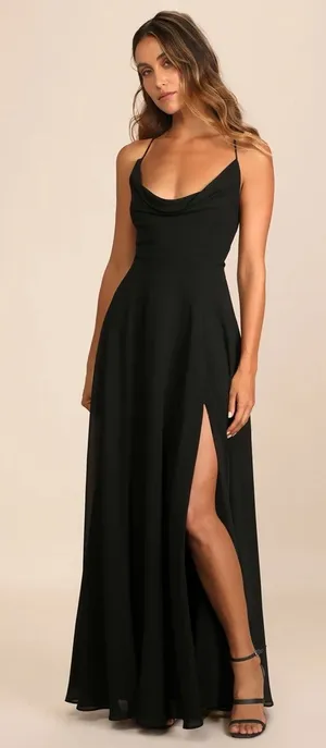 NWT Lulus Romantically Speaking Black Cowl Lace-Up Maxi Dress Wedding Prom M thumbnail 1