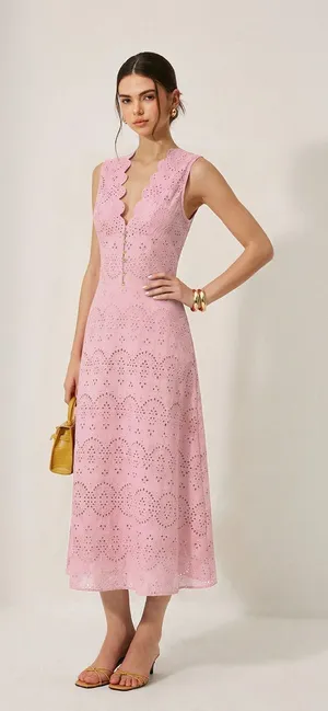 CoMMENSE Cotton Sleeveless Embroidered Eyelet Dress with Deep V Neck Small NWT thumbnail 1