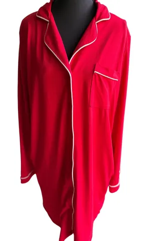 Red Button Front Nightgown Women's Medium Soft Pajama Sleep Shirt Pockets thumbnail 1