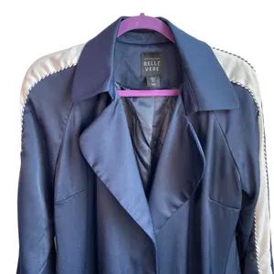 Belle Vere Navy Blue Belted Trench Coat Jacket Unique‎ Sleeves Satin Feel Sz S thumbnail 2