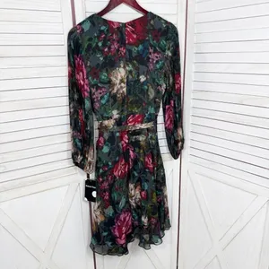 Maison Tara Dark Floral Pleated Sleeve Chiffon Fit Flare Dress Black Multi 10‎ thumbnail 9
