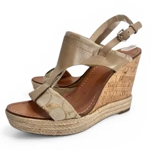 Coach Khaki Leather Signature Canvas Mendez Cork Wedges Sandals thumbnail 1