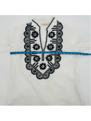 Tory Burch Richa Tunic Top Size 8 White Navy Blue Embroidered thumbnail 8