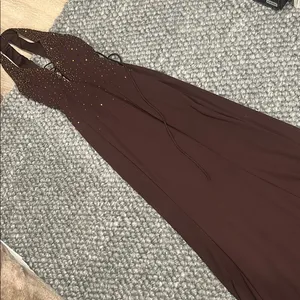Cum Cum by Niki Livas Brown Satin Beaded Maxi Party Dress thumbnail 14