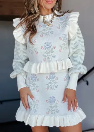 Cream Floral Knit Skirt Set with Ruffle Details thumbnail 1