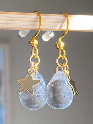 clear Czech glass teardrop & gold stainless star cute dangle earrings 🤍🌟 thumbnail 2