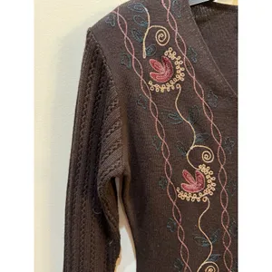 Vintage Carole Little Sweater Dress Duster Floral Embroidered Midi Wool Brown thumbnail 5