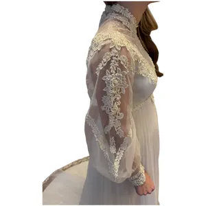 Vintage 1960s Lace Illusion High Neck Bridal Wedding Gown w/ Train XS thumbnail 11