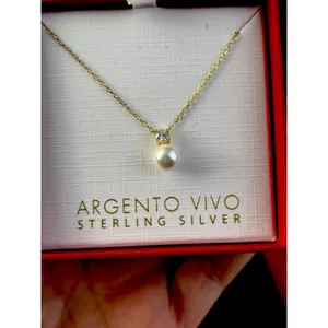 NEW Argento Vivo 925 Sterling Silver Round CZ White Pearl Pendant Necklace Box thumbnail 2
