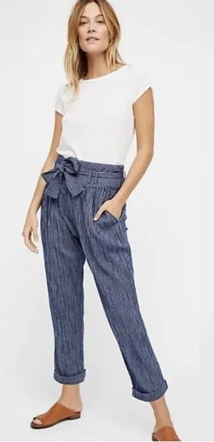 Free People Rumors Yarn Dye Blue Striped Harem Pants Size 6 thumbnail 1