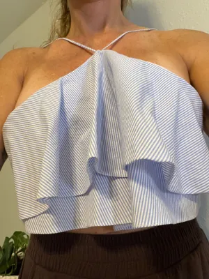 Zara Women's Light Blue and White Striped Shirt thumbnail 1
