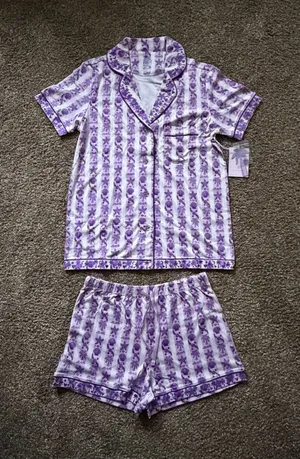 Pink Palm Puff Pajamas - Twilight Purple - Size Medium, NWT w/ Bag and Box thumbnail 1