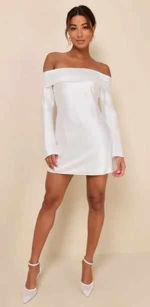 Lulus Luxurious Vision White Satin Off-the-Shoulder Mini Dress sz XS thumbnail 1